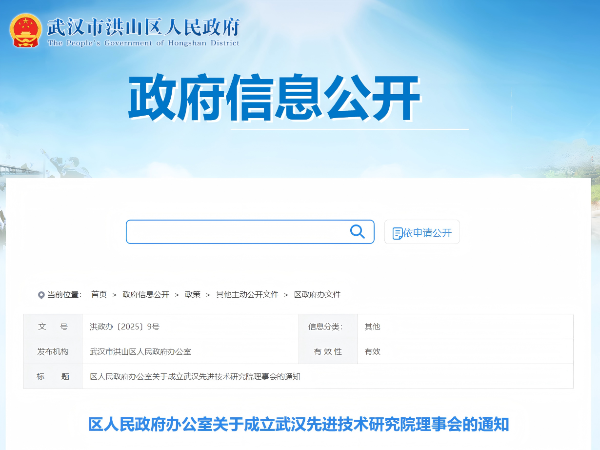 区人民政府办公室关于成立武汉先进技术研究院理事会的通知